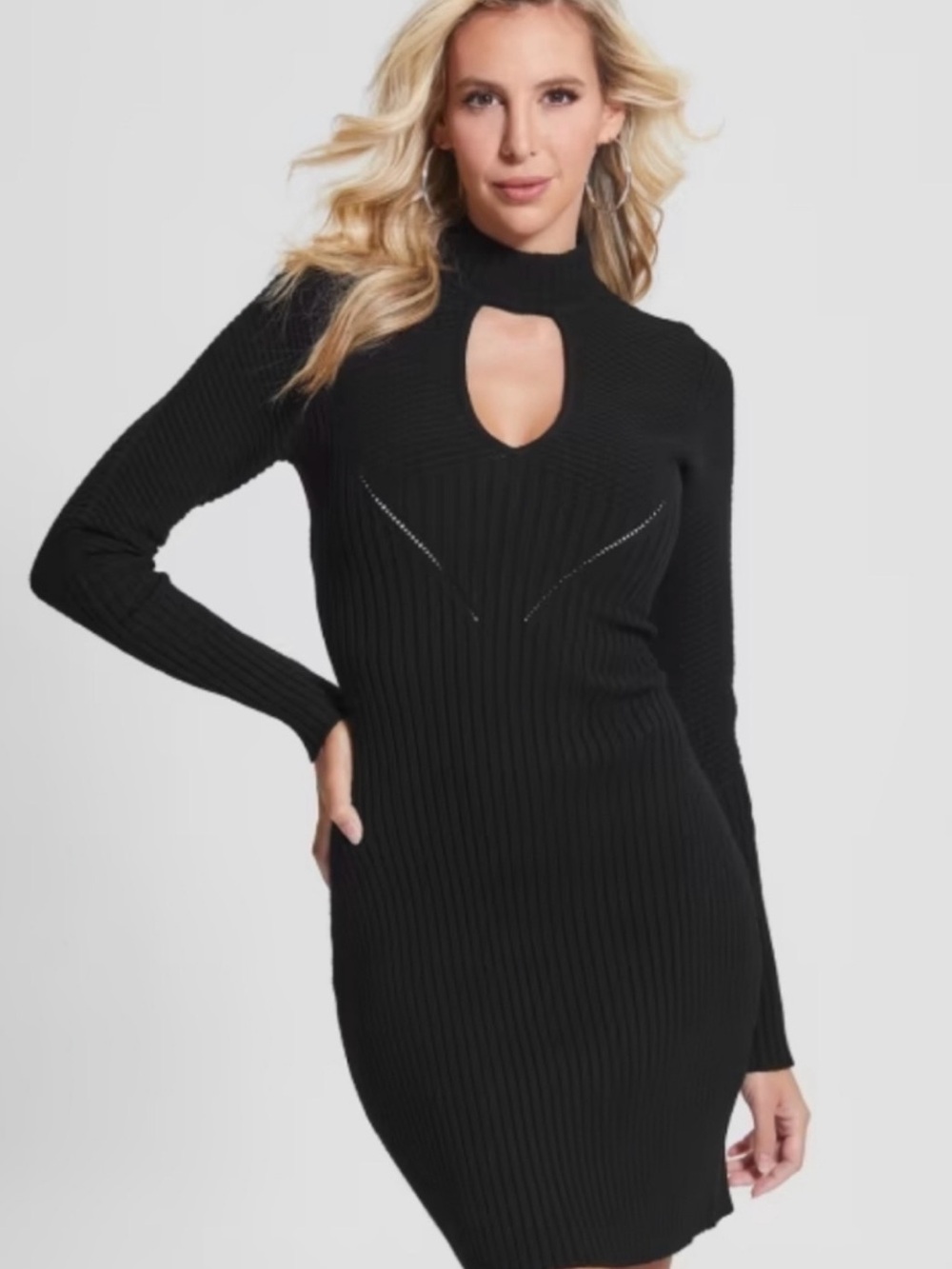 Guess Black Long-Sleeve Ribbed Keyhole Sweater Dress